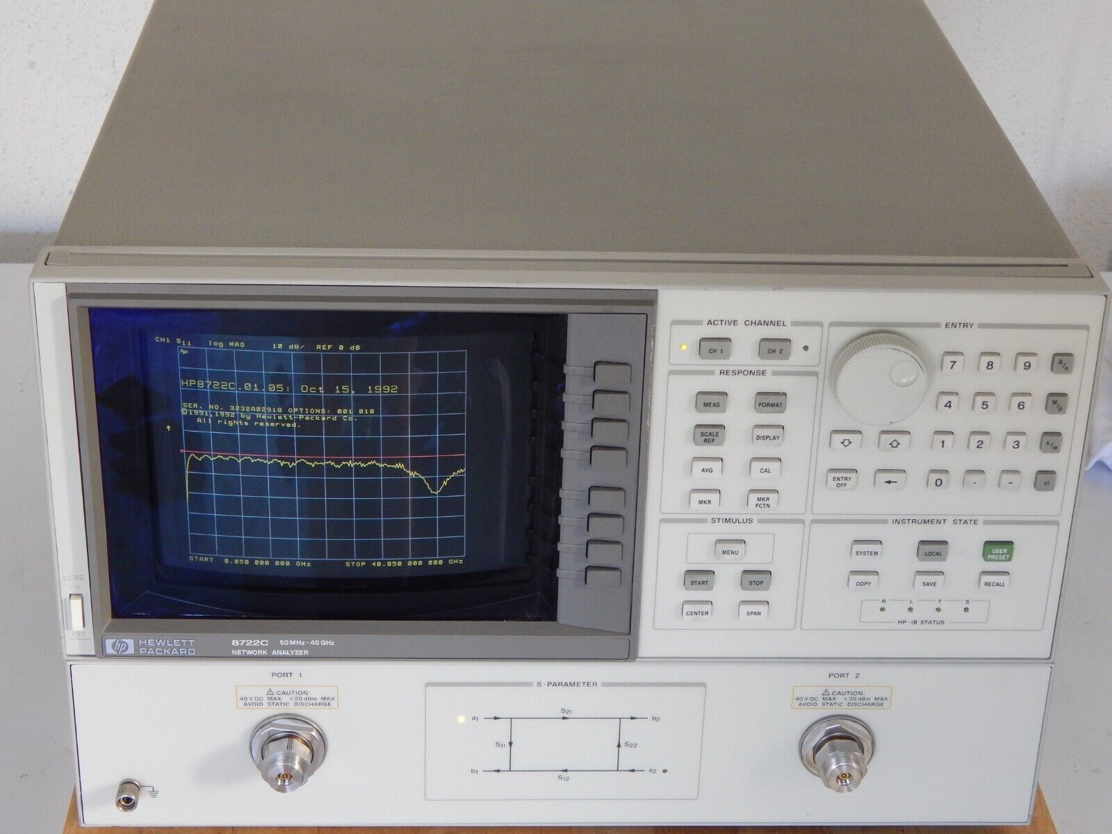 Agilent/Keysight 8722C w/001, 010 s/n 3232A02918 Network Analyzer, 50Mhz-40GHz Agilent/Keysight 8722C w/001, 010 s/n 3232A02918 Network Analyzer, 50Mhz-40GHz